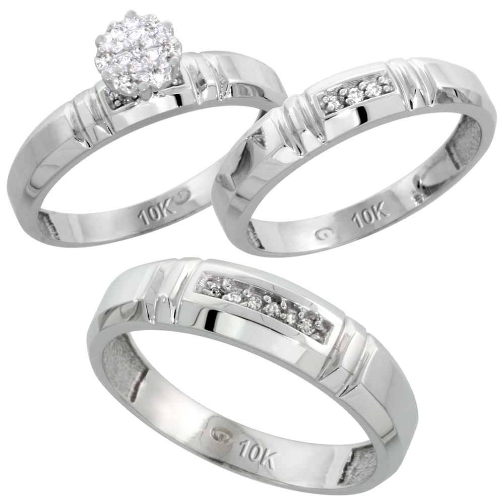 10k White Gold Diamond Trio Engagement Wedding Ring Set for Him and Her 3-piece 4.5 mm & 4 mm wide 0.10 cttw Brilliant Cut, ladies sizes 5 � 10, mens sizes 8 - 14