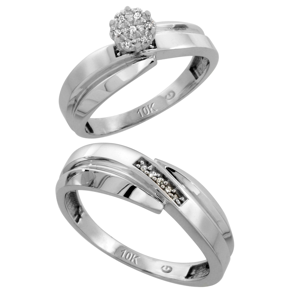10k White Gold Diamond Engagement Rings Set for Men and Women 2-Piece 0.08 cttw Brilliant Cut, 6mm & 7mm wide