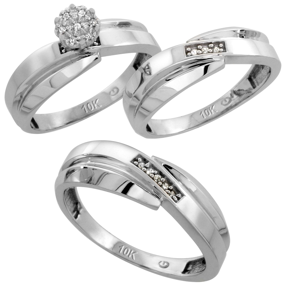 10k White Gold Diamond Trio Engagement Wedding Ring Set for Him and Her 3-piece 7 mm & 6 mm wide 0.10 cttw Brilliant Cut, ladies sizes 5 � 10, mens sizes 8 - 14