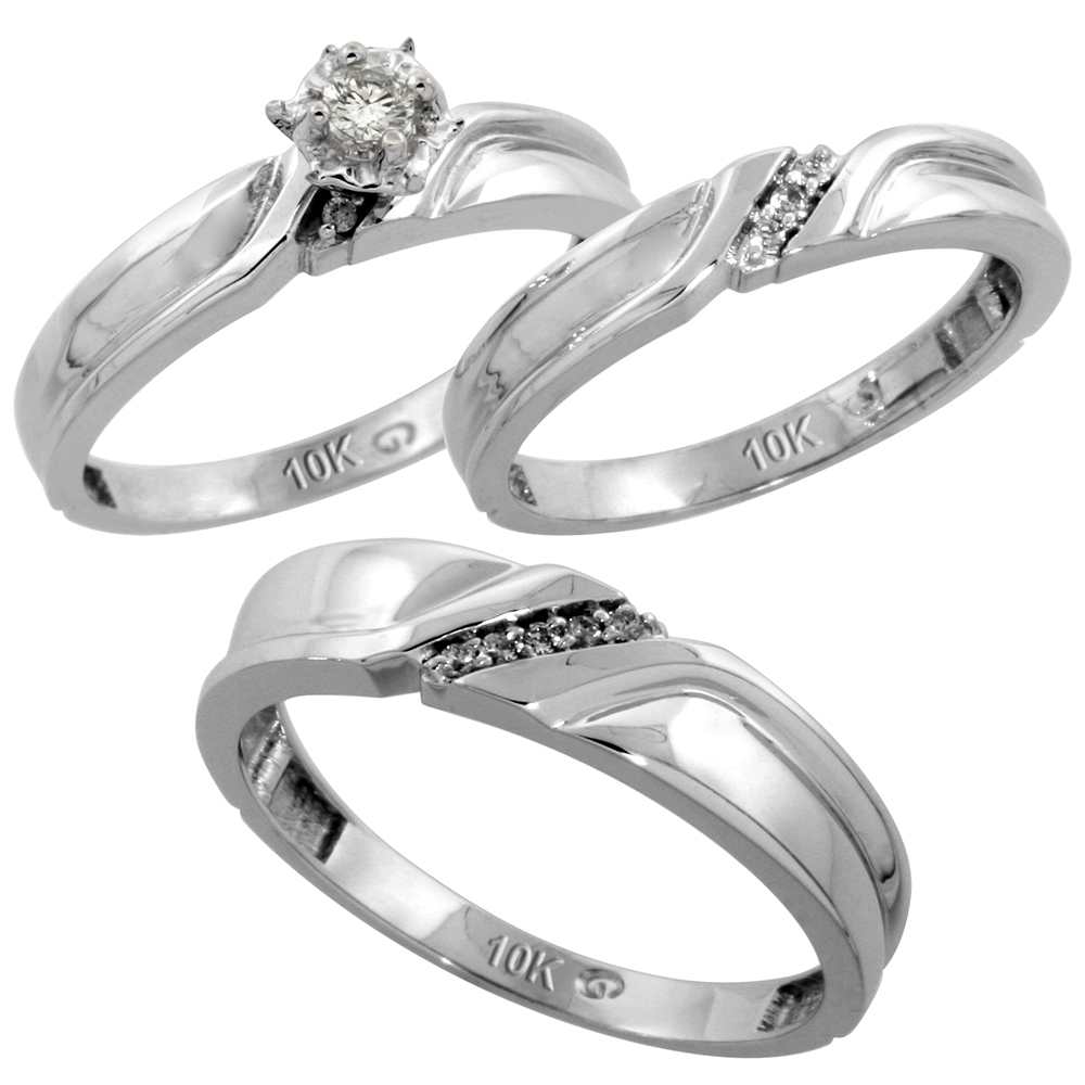 10k White Gold Diamond Trio Wedding Ring Set 3-piece His & Hers 5 & 3.5 mm, Men's Size 8 to 14