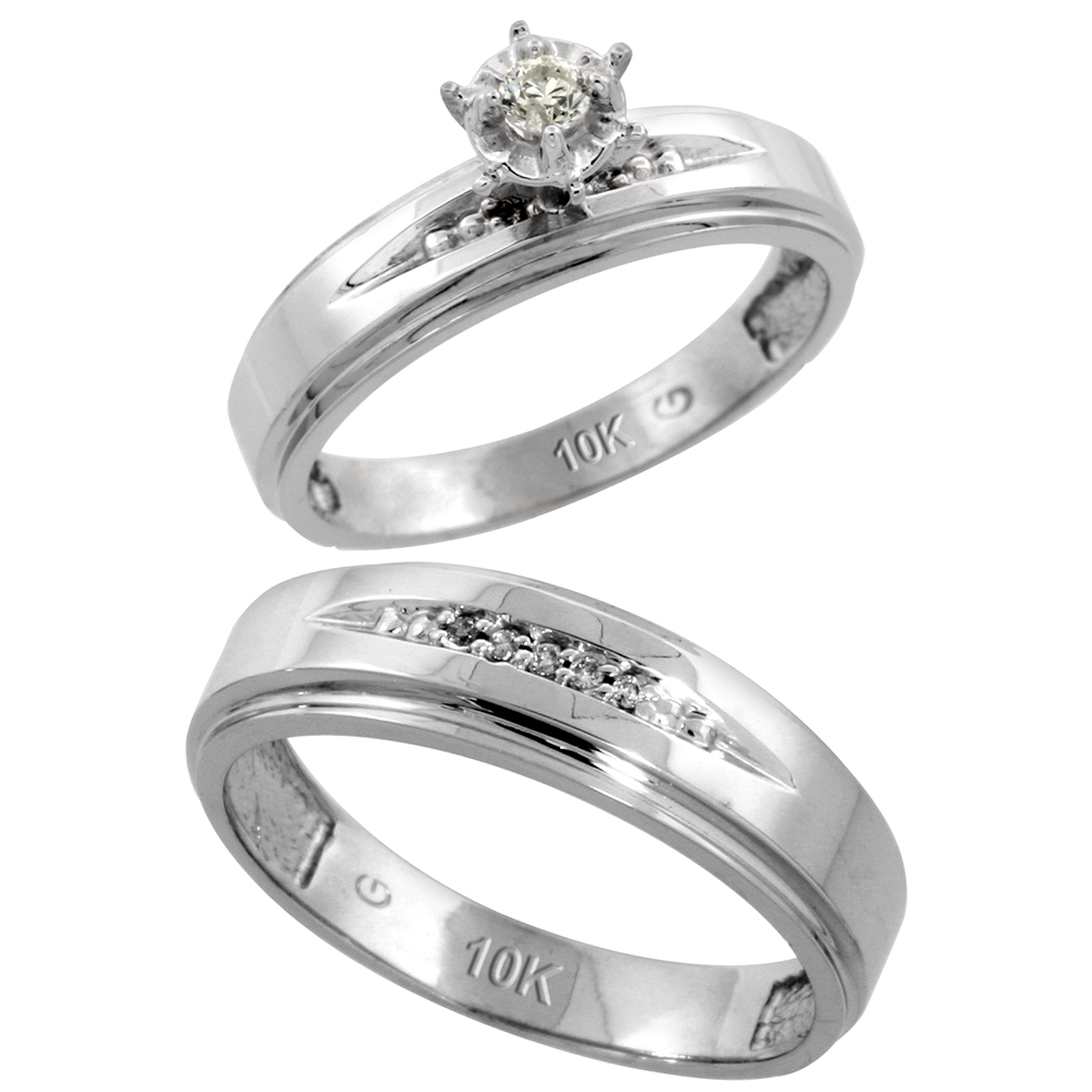 10k White Gold 2-Piece Diamond wedding Engagement Ring Set for Him and Her, 5mm & 6mm wide