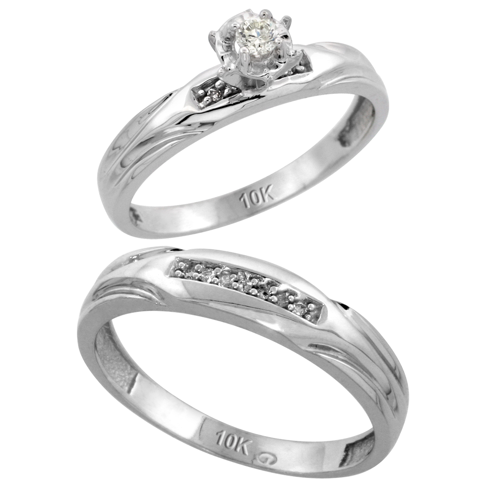 10k White Gold 2-Piece Diamond wedding Engagement Ring Set for Him and Her, 3.5mm & 4.5mm wide