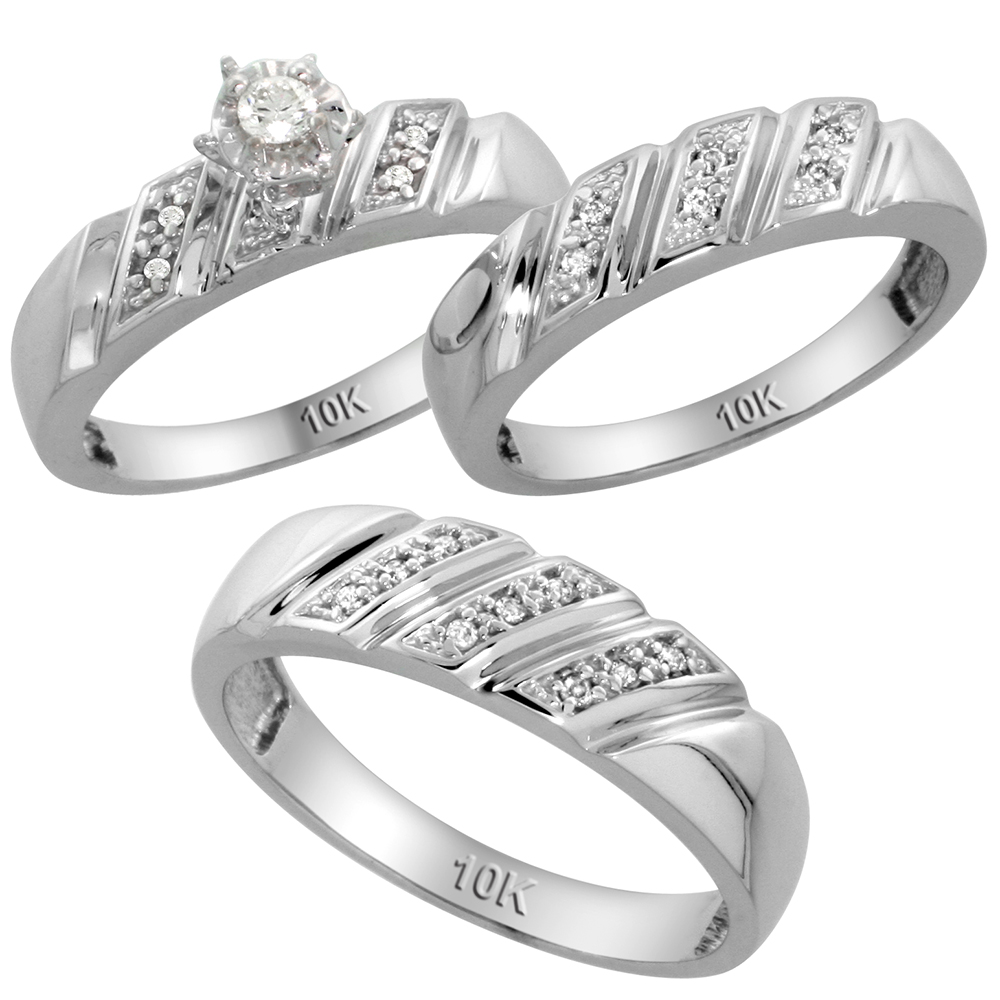 10k White Gold Diamond Trio Wedding Ring Set 3-piece His & Hers 6 & 5mm, Men's Size 8 to 14