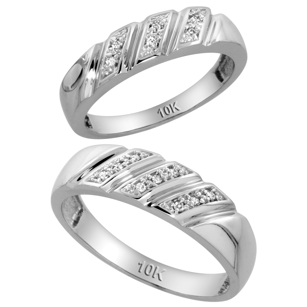 10k White Gold 2-Piece Diamond wedding Engagement Ring Set for Him and Her, 5mm & 6mm wide