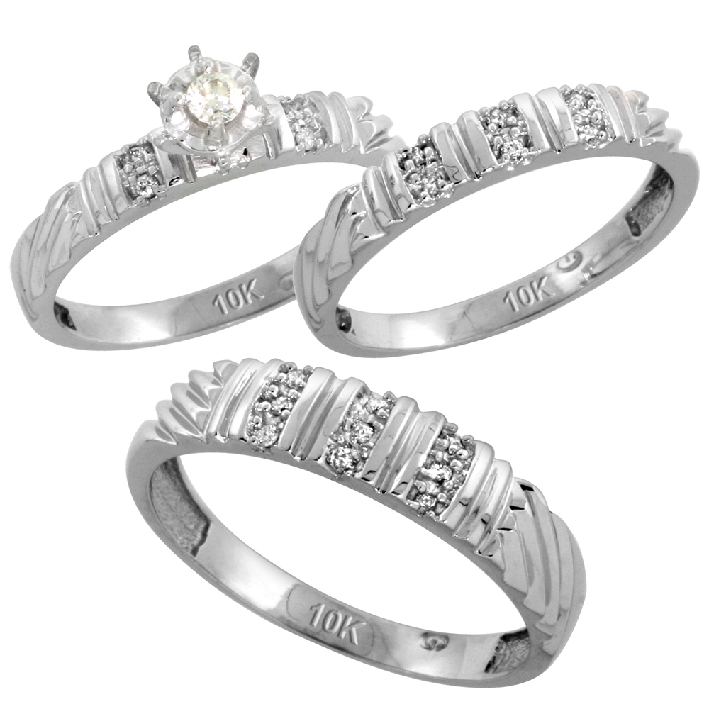 10k White Gold Diamond Trio Wedding Ring Set 3-piece His & Hers 5 & 3.5 mm, Men's Size 8 to 14