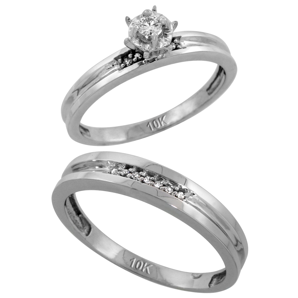 10k White Gold 2-Piece Diamond wedding Engagement Ring Set for Him and Her, 3.5mm & 4mm wide