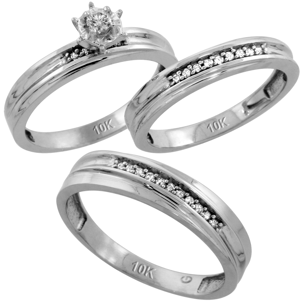 10k White Gold Diamond Trio Wedding Ring Set 3-piece His & Hers 5 & 3.5 mm, Men's Size 8 to 14