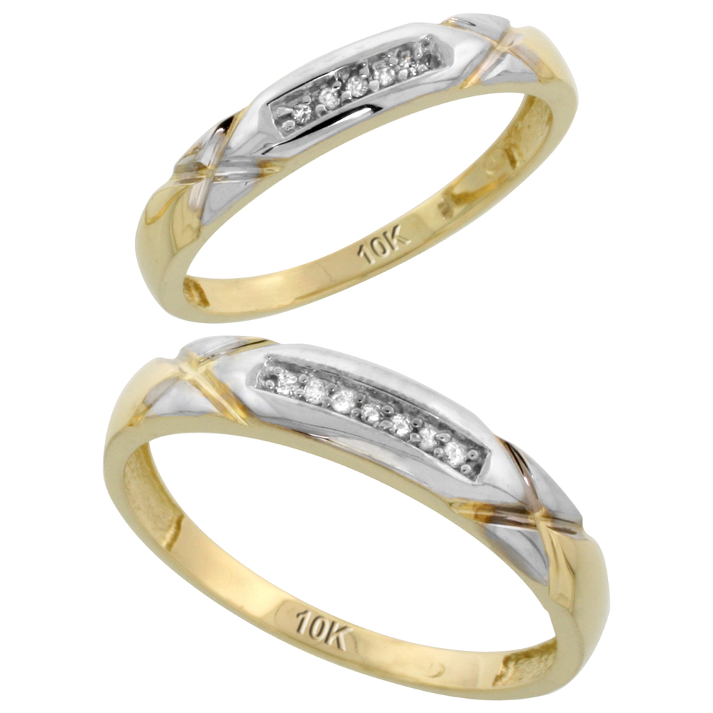 10k Yellow Gold Diamond 2 Piece Wedding Ring Set His 4mm & Hers 3.5mm, Men's Size 8 to 14