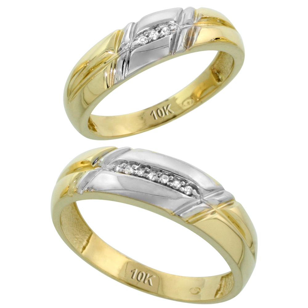 10k Yellow Gold Diamond 2 Piece Wedding Ring Set His 6mm & Hers 5.5mm, Men's Size 8 to 14