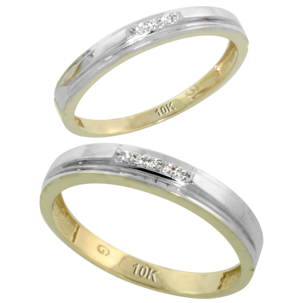 10k Yellow Gold Diamond 2 Piece Wedding Ring Set His 4mm & Hers 3mm, Men's Size 8 to 14