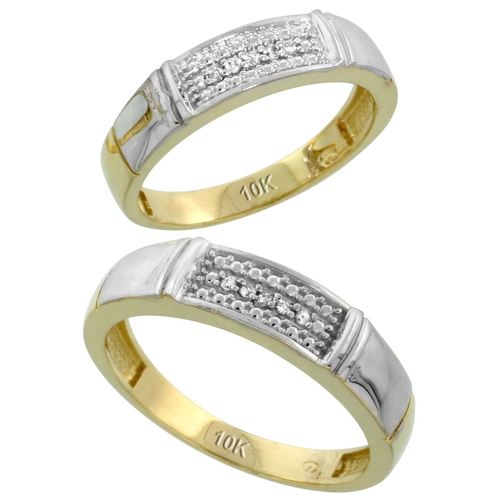 10k Yellow Gold Diamond 2 Piece Wedding Ring Set His 5mm & Hers 4.5mm, Men's Size 8 to 14