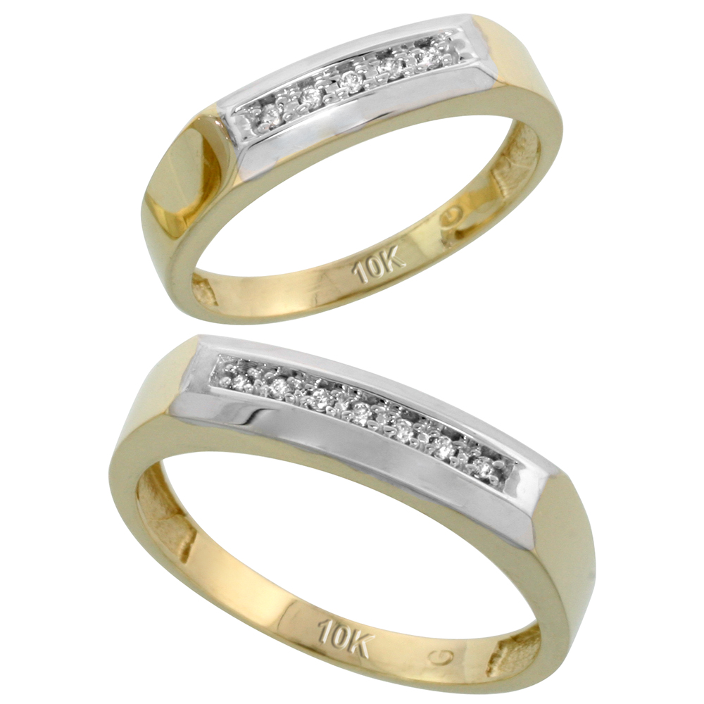 10k Yellow Gold Diamond 2 Piece Wedding Ring Set His 5mm & Hers 4.5mm, Men's Size 8 to 14