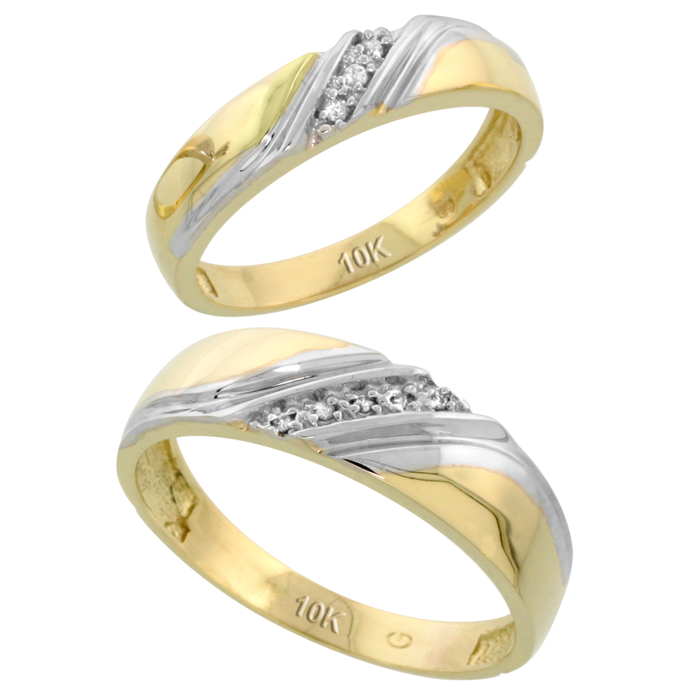 10k Yellow Gold Diamond 2 Piece Wedding Ring Set His 6mm & Hers 4.5mm, Men's Size 8 to 14