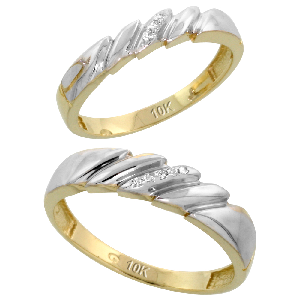 10k Yellow Gold Diamond 2 Piece Wedding Ring Set His 5mm & Hers 4mm, Men's Size 8 to 14