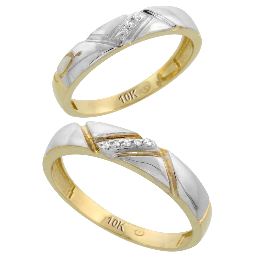 10k Yellow Gold Diamond 2 Piece Wedding Ring Set His 4.5mm & Hers 4mm, Men's Size 8 to 14