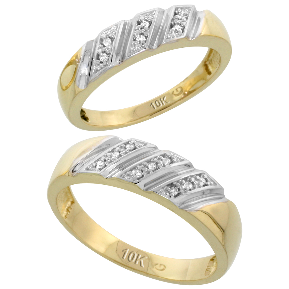 10k Yellow Gold Diamond 2 Piece Wedding Ring Set His 6mm & Hers 5mm, Men's Size 8 to 14