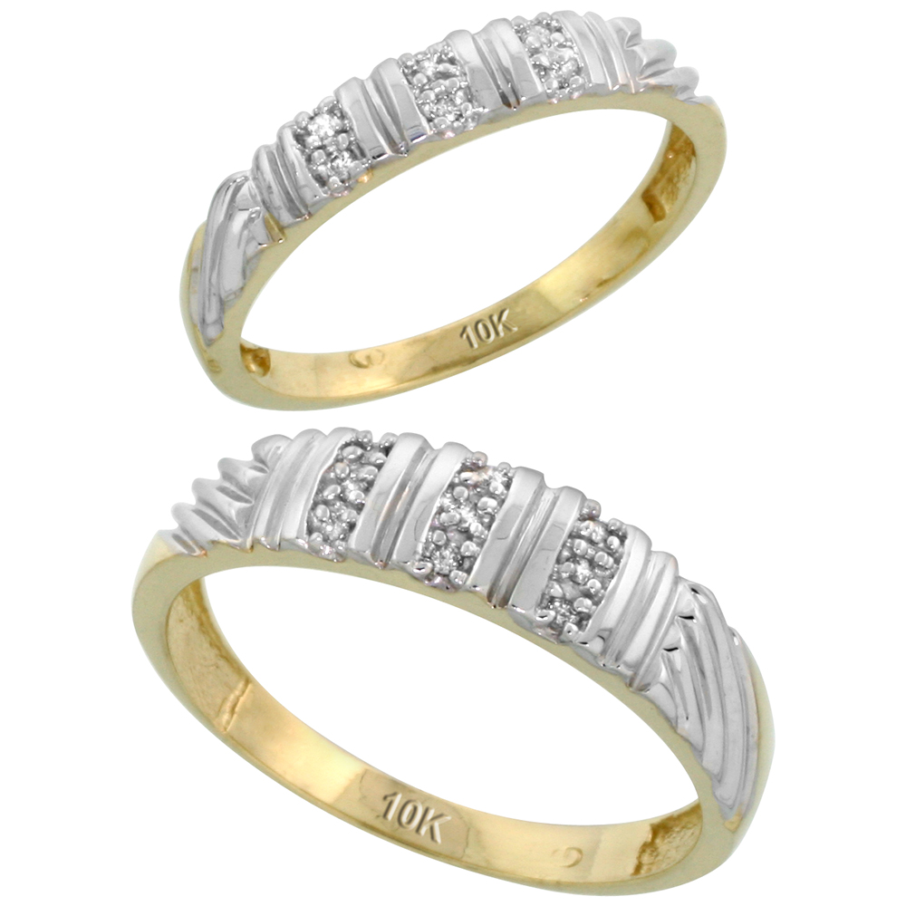 10k Yellow Gold Diamond 2 Piece Wedding Ring Set His 5mm & Hers 3.5mm, Men's Size 8 to 14