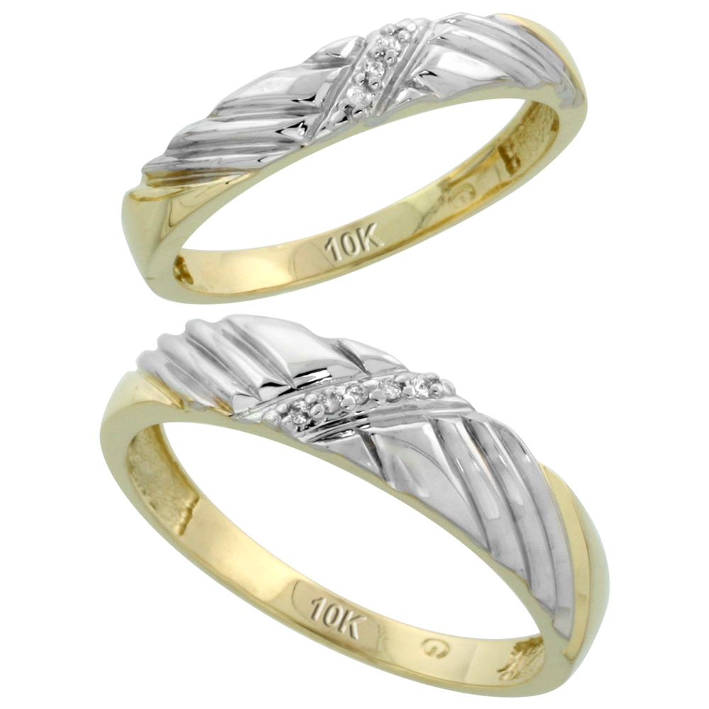 10k Yellow Gold Diamond 2 Piece Wedding Ring Set His 5mm & Hers 3.5mm, Men's Size 8 to 14