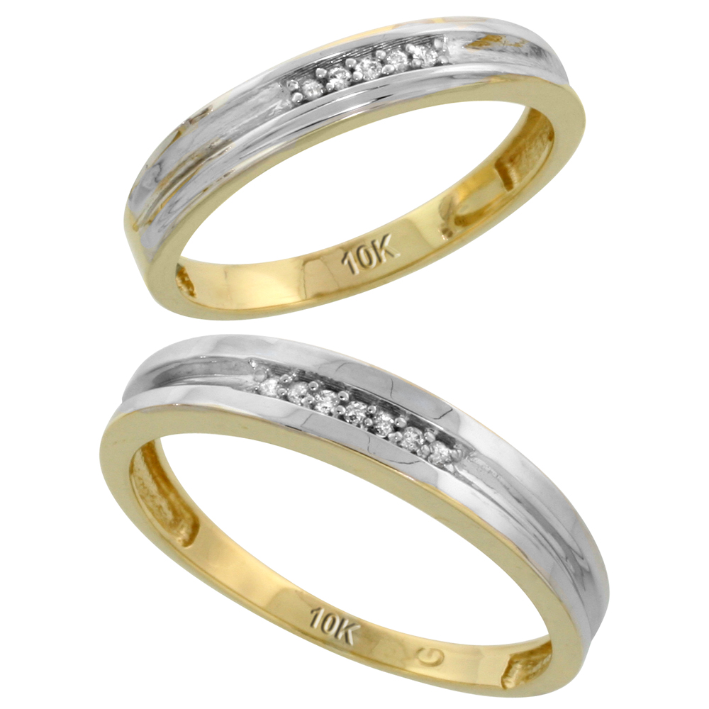 10k Yellow Gold Diamond 2 Piece Wedding Ring Set His 4mm & Hers 3.5mm, Men's Size 8 to 14