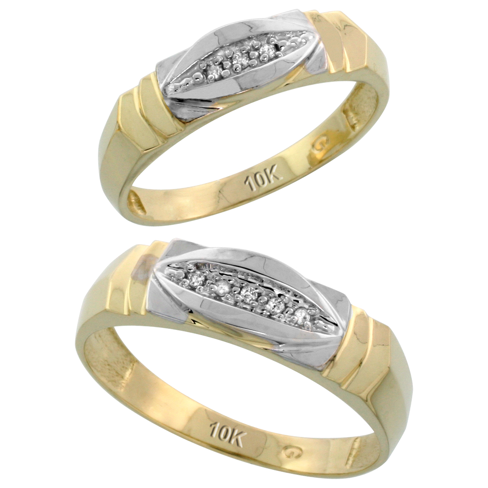 10k Yellow Gold Diamond 2 Piece Wedding Ring Set His 6mm & Hers 5mm, Men's Size 8 to 14