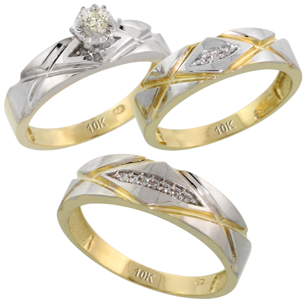 10k Yellow Gold Diamond Trio Wedding Ring Set His 6mm & Hers 5mm, Men's Size 8 to 14