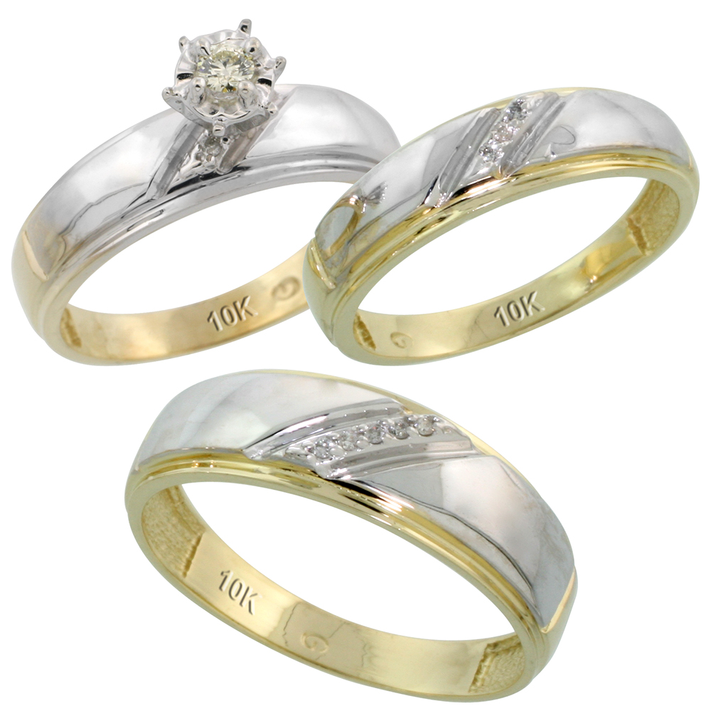 10k Yellow Gold Diamond Trio Wedding Ring Set His 7mm & Hers 5.5mm, Men's Size 8 to 14