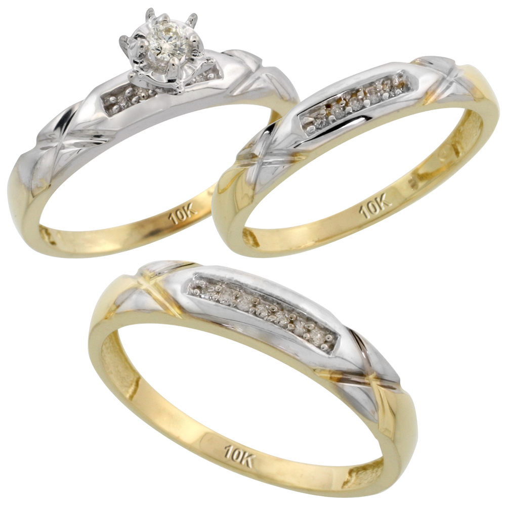 10k Yellow Gold Diamond Trio Wedding Ring Set His 4mm & Hers 3.5mm, Men's Size 8 to 14