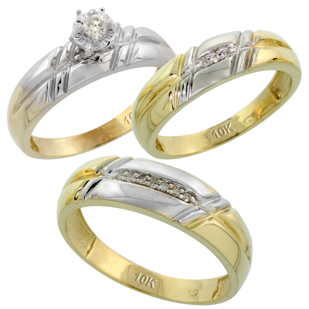 10k Yellow Gold Diamond Trio Wedding Ring Set His 6mm & Hers 5.5mm, Men's Size 8 to 14