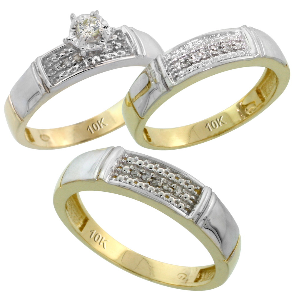 10k Yellow Gold Diamond Trio Wedding Ring Set His 5mm & Hers 4.5mm, Men's Size 8 to 14