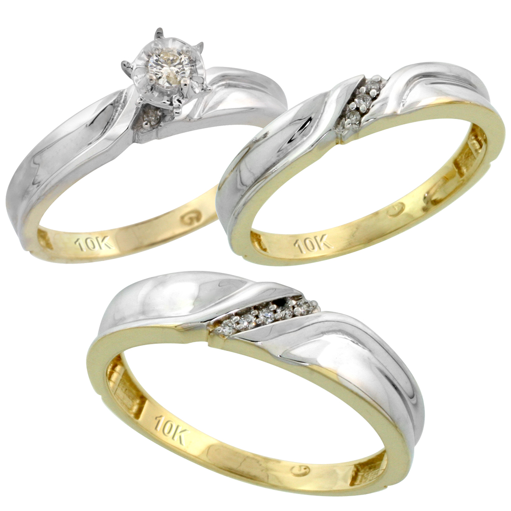 10k Yellow Gold Diamond Trio Wedding Ring Set His 5mm & Hers 3.5mm, Men's Size 8 to 14