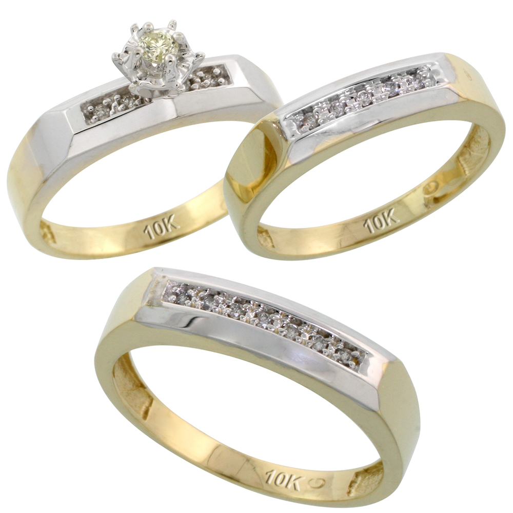 10k Yellow Gold Diamond Trio Wedding Ring Set His 5mm & Hers 4.5mm, Men's Size 8 to 14