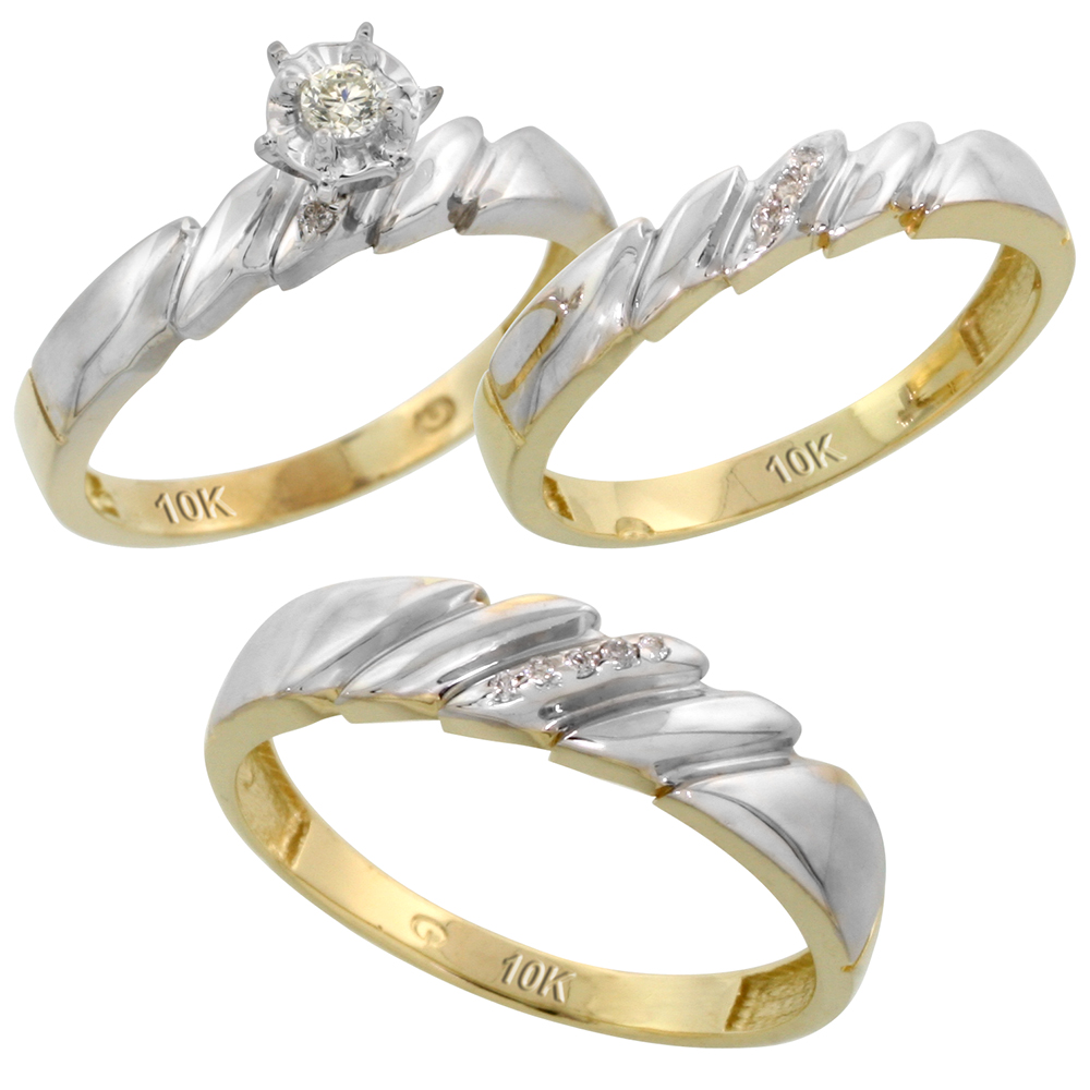 10k Yellow Gold Diamond Trio Wedding Ring Set His 5mm & Hers 4mm, Men's Size 8 to 14