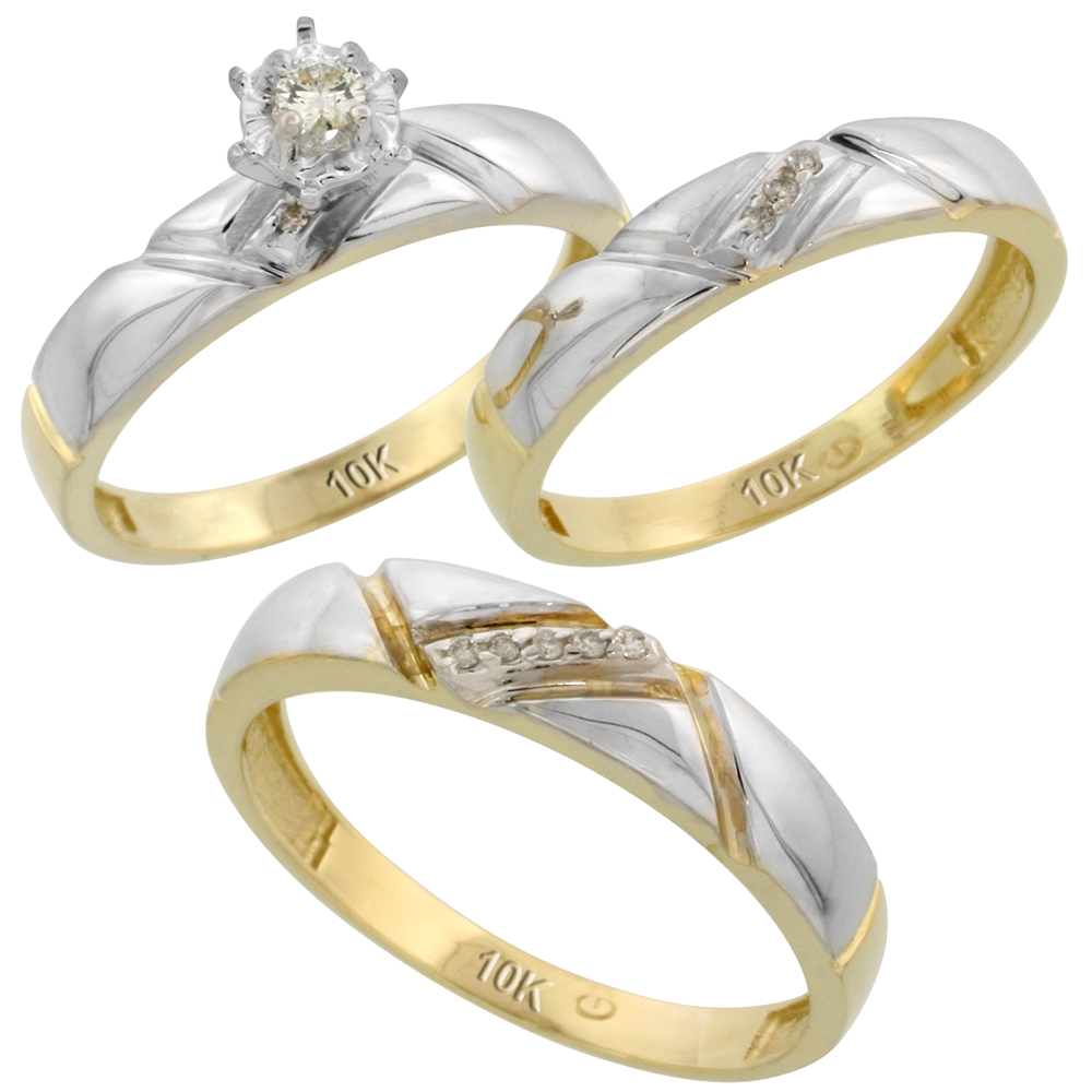 10k Yellow Gold Diamond Trio Wedding Ring Set His 4.5mm & Hers 4mm, Men's Size 8 to 14