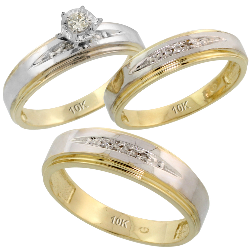 10k Yellow Gold Diamond Trio Wedding Ring Set His 6mm & Hers 5mm, Men's Size 8 to 14