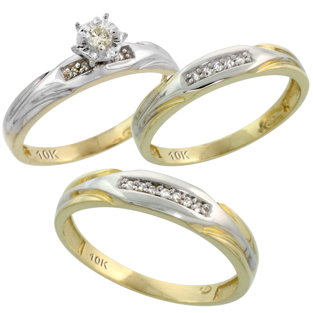 10k Yellow Gold Diamond Trio Wedding Ring Set His 4.5mm & Hers 3.5mm, Men's Size 8 to 14