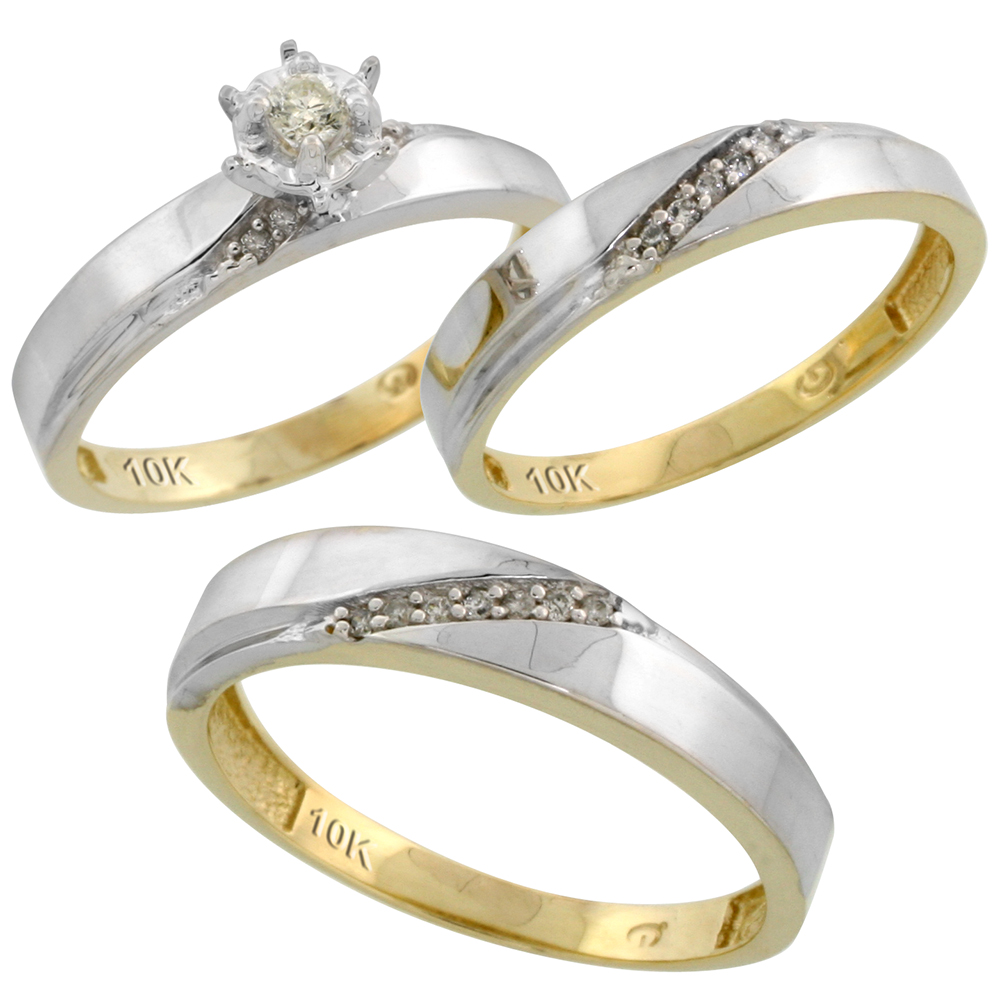 10k Yellow Gold Diamond Trio Wedding Ring Set His 4.5mm & Hers 3.5mm, Men's Size 8 to 14