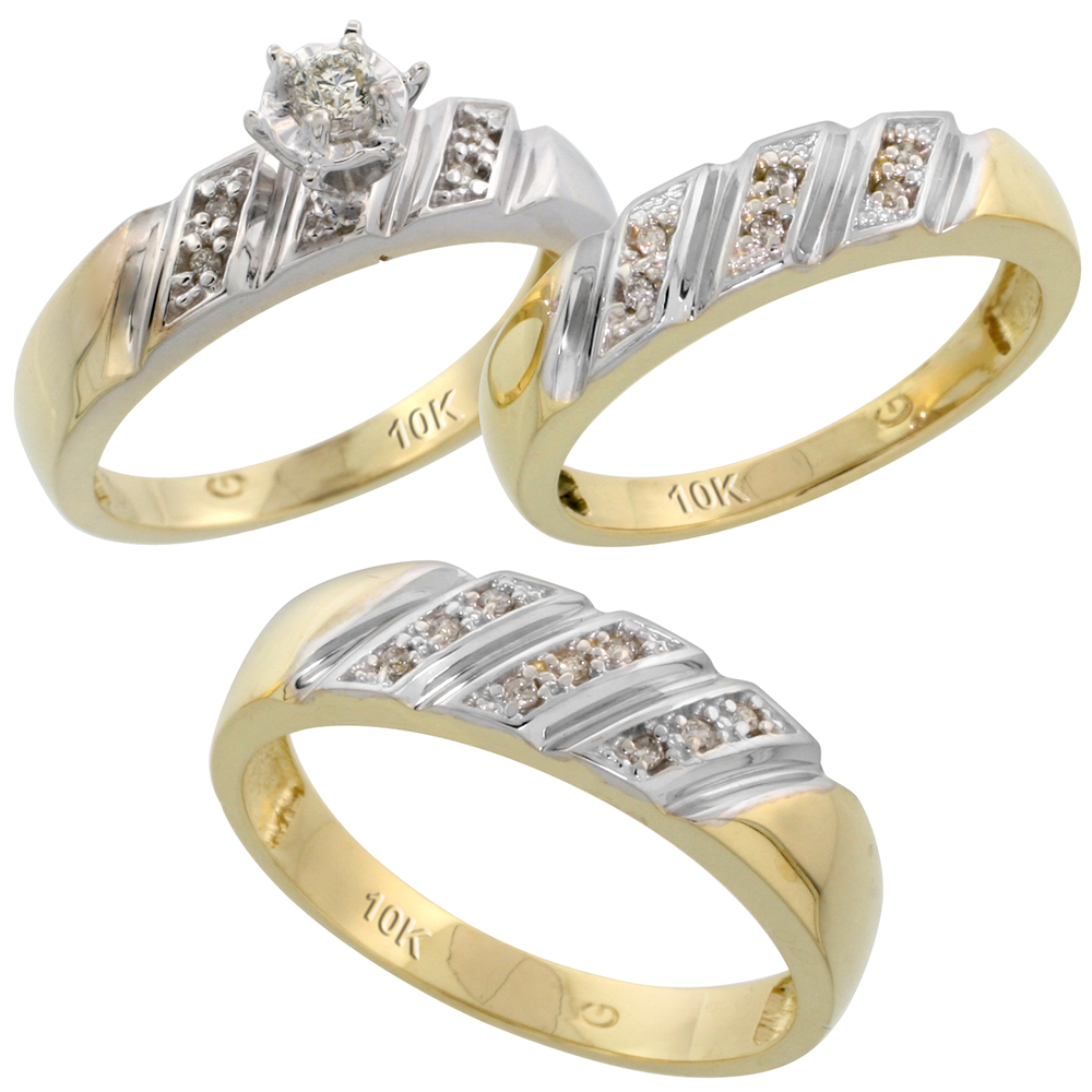 10k Yellow Gold Diamond Trio Wedding Ring Set His 6mm & Hers 5mm, Men's Size 8 to 14