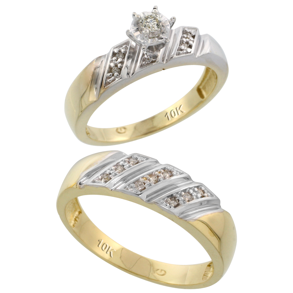 10k Yellow Gold 2-Piece Diamond wedding Engagement Ring Set for Him and Her, 5mm & 6mm wide