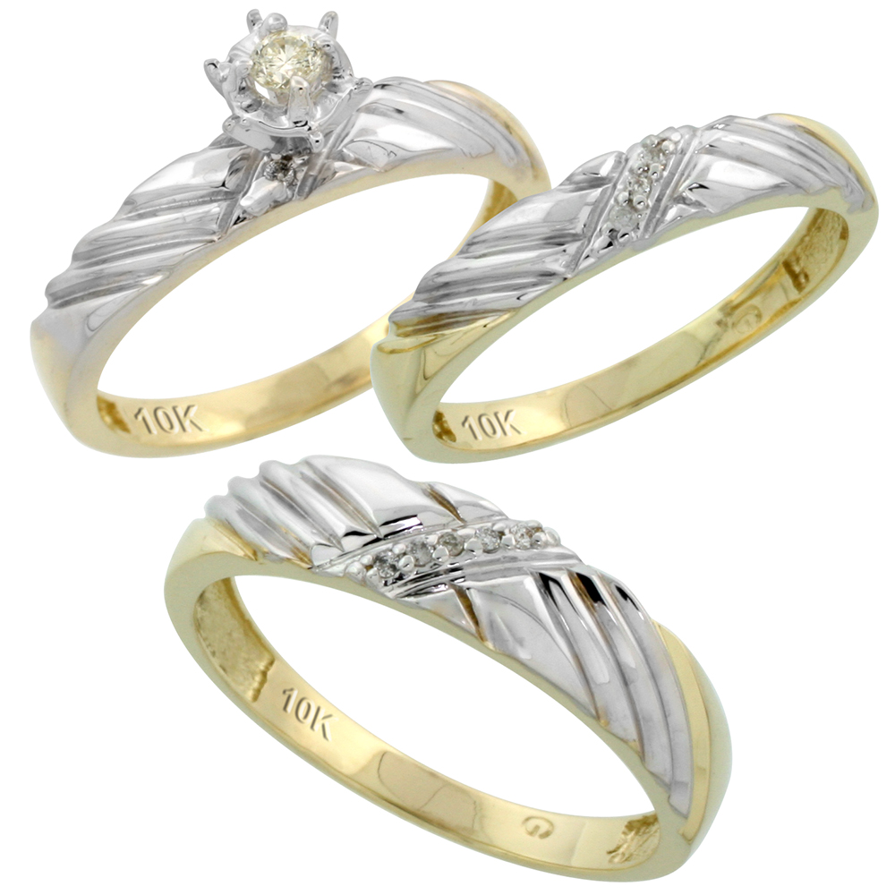 10k Yellow Gold Diamond Trio Wedding Ring Set His 5mm & Hers 3.5mm, Men's Size 8 to 14
