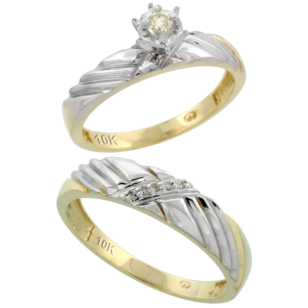 10k Yellow Gold 2-Piece Diamond wedding Engagement Ring Set for Him and Her, 3.5mm & 5mm wide