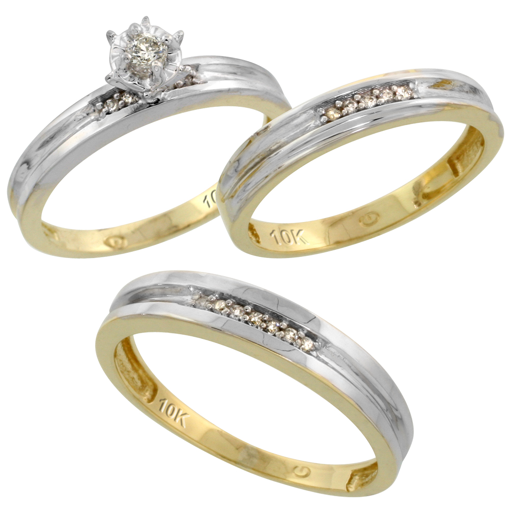 10k Yellow Gold Diamond Trio Wedding Ring Set His 4mm & Hers 3.5mm, Men's Size 8 to 14