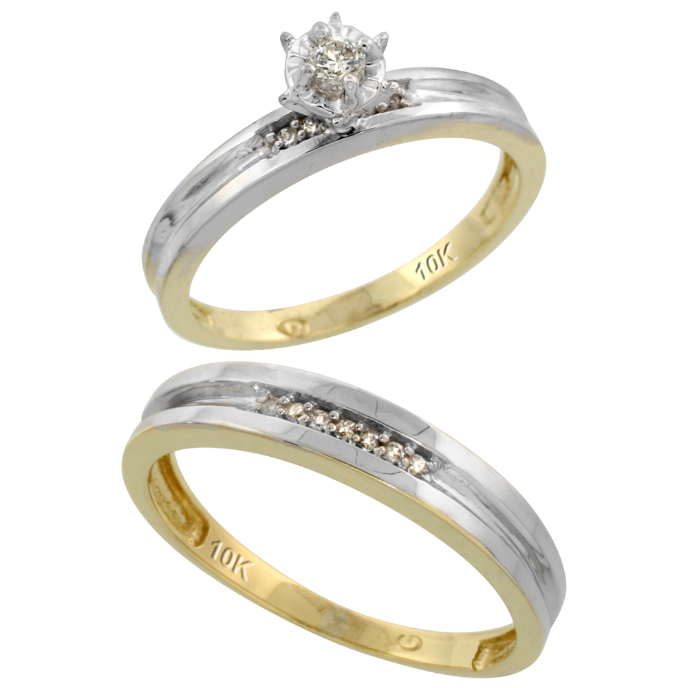 10k Yellow Gold 2-Piece Diamond wedding Engagement Ring Set for Him and Her, 3.5mm & 4mm wide