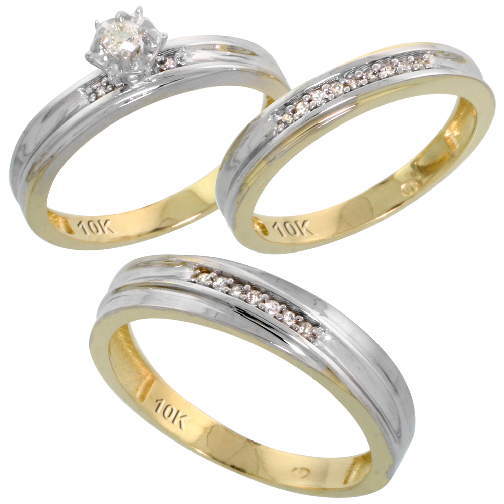 10k Yellow Gold Diamond Trio Wedding Ring Set His 5mm & Hers 3.5mm, Men's Size 8 to 14