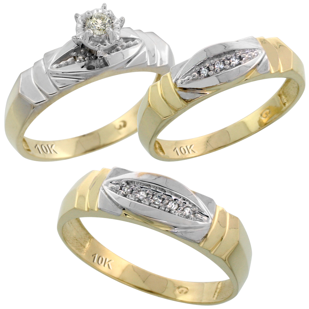10k Yellow Gold Diamond Trio Wedding Ring Set His 6mm & Hers 5mm, Men's Size 8 to 14