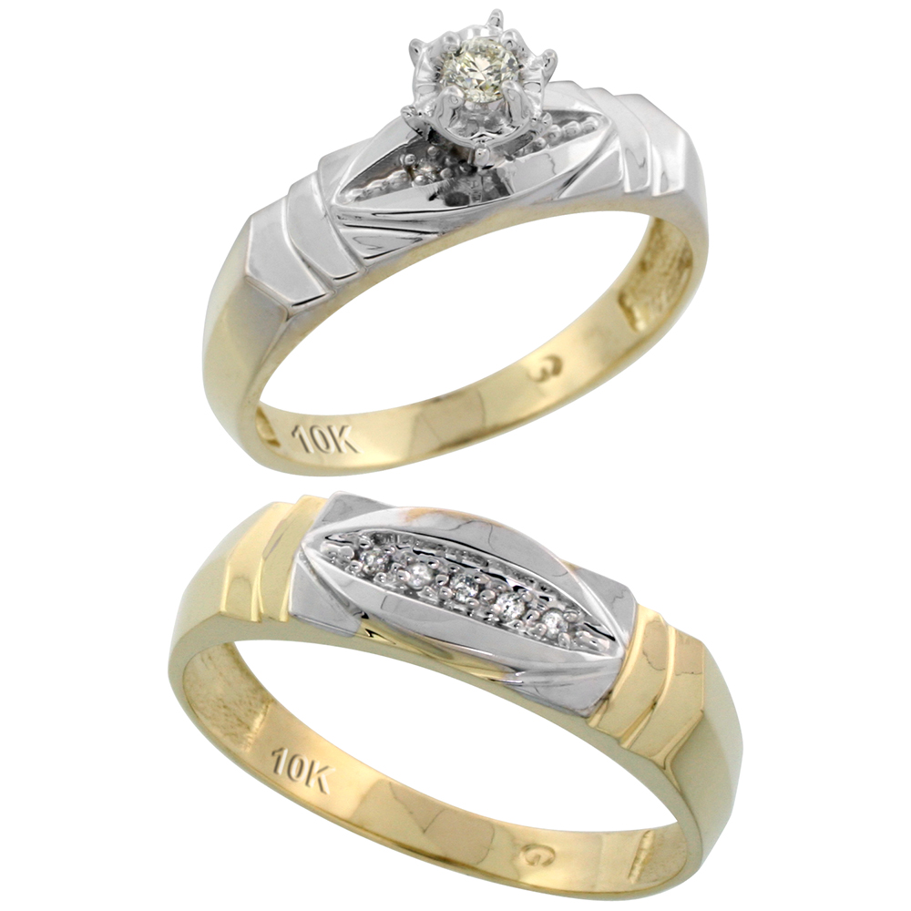 10k Yellow Gold 2-Piece Diamond wedding Engagement Ring Set for Him and Her, 5mm & 6mm wide