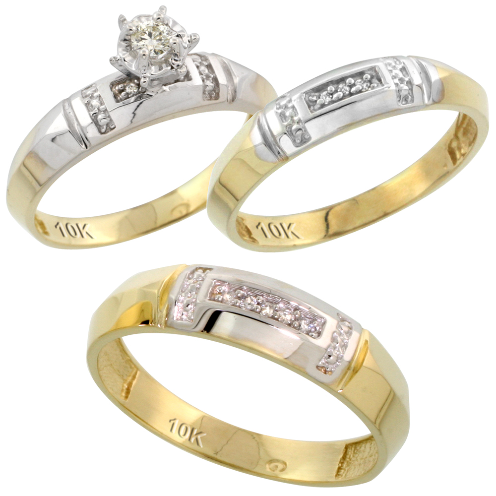 10k Yellow Gold Diamond Trio Wedding Ring Set His 5.5mm & Hers 4mm, Men's Size 8 to 14