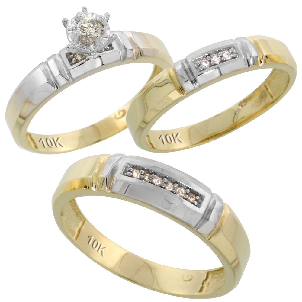 10k Yellow Gold Diamond Trio Wedding Ring Set His 5.5mm & Hers 4mm, Men's Size 8 to 14