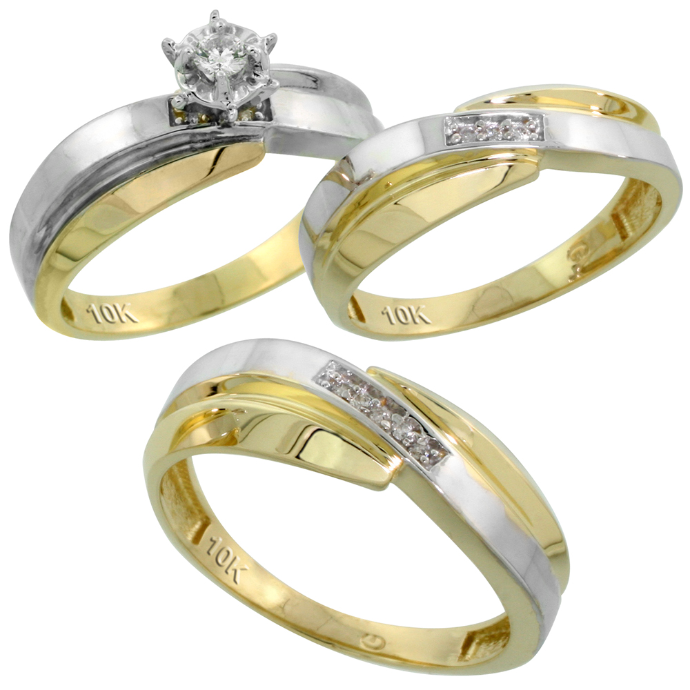 10k Yellow Gold Diamond Trio Wedding Ring Set His 7mm & Hers 6mm, Men's Size 8 to 14
