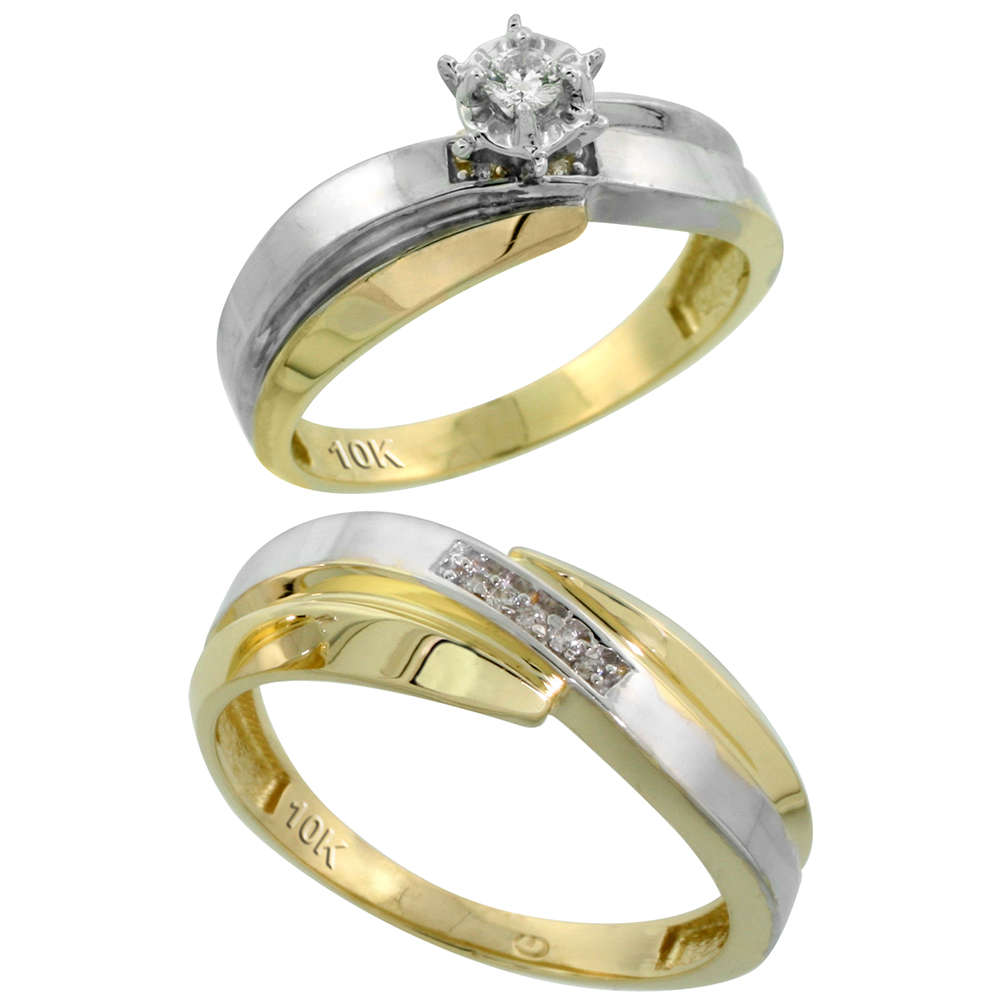 10k Yellow Gold 2-Piece Diamond wedding Engagement Ring Set for Him and Her, 6mm & 7mm wide