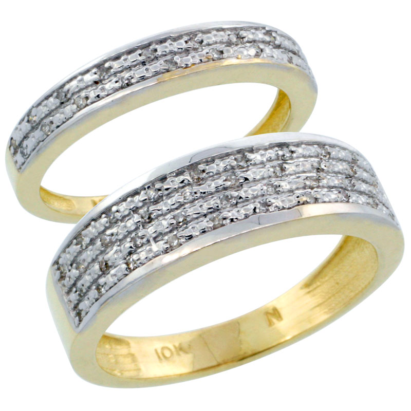 10k Gold 2-Piece His (6.5mm) & Hers (3.5mm) Diamond Wedding Ring Band Set w/ 0.18 Carat Brilliant Cut Diamonds; (Ladies Size 5 to10; Men's Size 8 to 14)